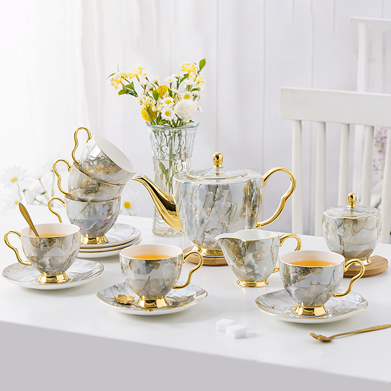 Afternoon Tea Set Marble Pattern 15-Piece Ceramic Bone China Teaware Coffee Cup and Saucer Set