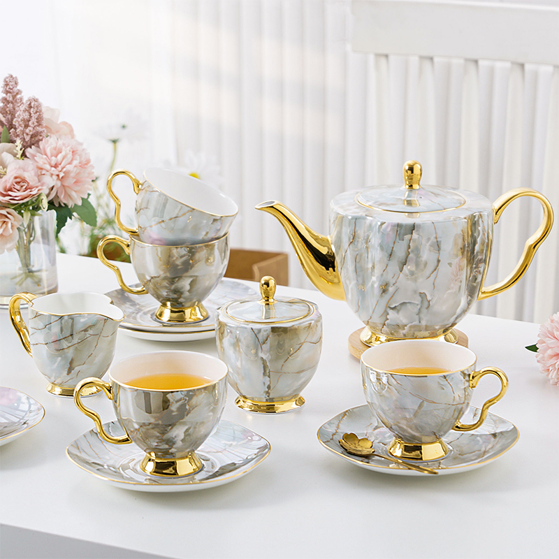 Afternoon Tea Set Marble Pattern 15-Piece Ceramic Bone China Teaware Coffee Cup and Saucer Set