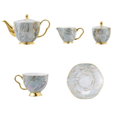 Afternoon Tea Set Marble Pattern 15-Piece Ceramic Bone China Teaware Coffee Cup and Saucer Set