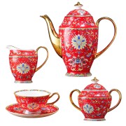 Bone China Coffee and Tea Set with Enamel Cup and Saucer Vintage Model Royal Pattern, 15-Piece