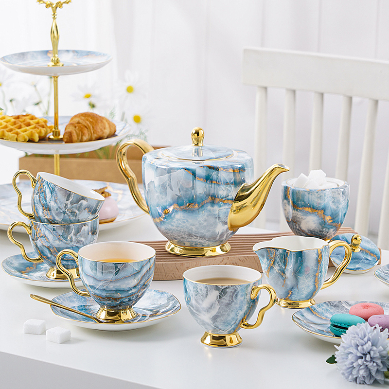 Elegant Bone China Tea Set with Saucers, Electric Blue Marble Pattern, and Coffee Cups - 15 Pieces