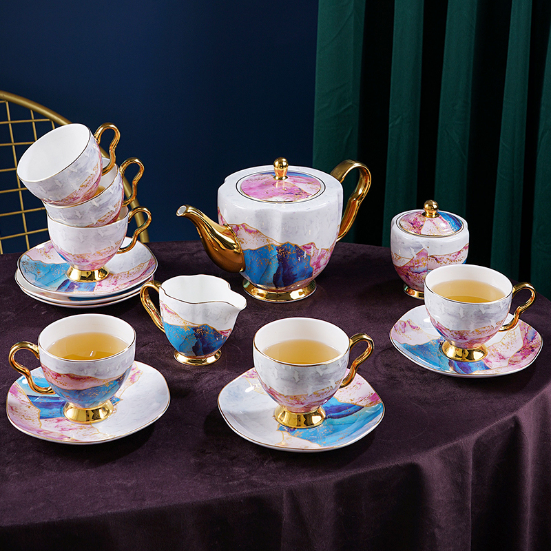 Designer Bone China Tea Set with Kettle and Coffee Cup Set Heraeus Gold Gilded - 15 - 16 Pieces