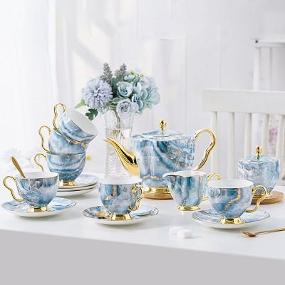 Elegant Bone China Tea Set with Saucers, Electric Blue Marble Pattern, and Coffee Cups - 15 Pieces