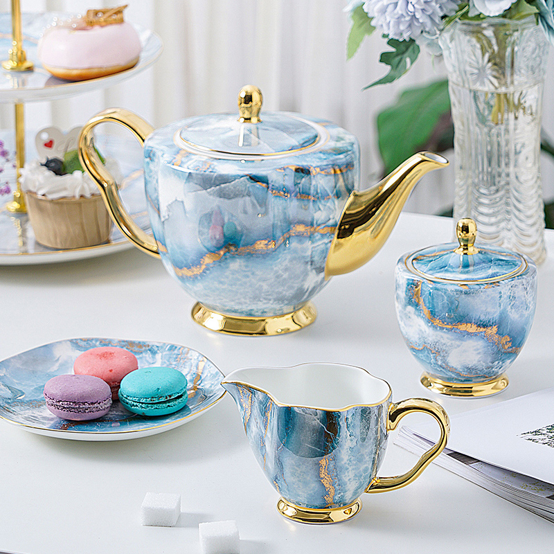 Elegant Bone China Tea Set with Saucers, Electric Blue Marble Pattern, and Coffee Cups - 15 Pieces