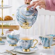 Elegant Bone China Tea Set with Saucers, Electric Blue Marble Pattern, and Coffee Cups - 15 Pieces