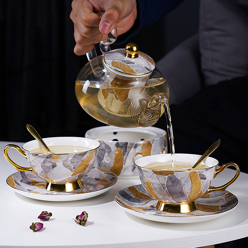 Elegant Bone China Tea Set with Glass Teapot, Infuser, Warmer, Coffee Cups, and Saucer - 10 Pieces