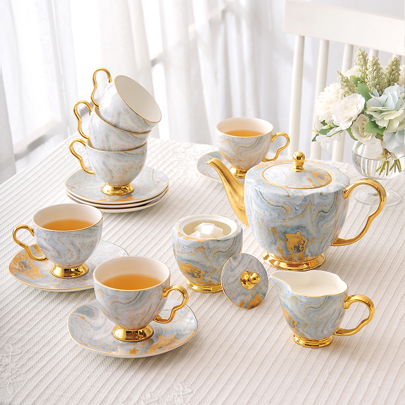 Luxury Bone China Coffee Set Ceramic Tea Set with Tray Heraeus Gold Gilded Set of 16