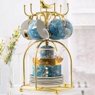 Elegant Bone China Tea Set with Glass Teapot and Ceramic Infuser, Candle Holder, Cups, and Saucers - 15 Pieces