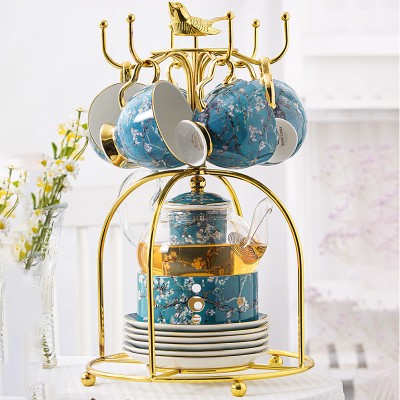 Elegant Bone China Tea Set with Glass Teapot and Ceramic Infuser, Candle Holder, Cups, and Saucers - 15 Pieces