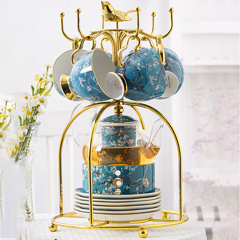 Elegant Bone China Tea Set with Glass Teapot and Ceramic Infuser, Candle Holder, Cups, and Saucers - 15 Pieces