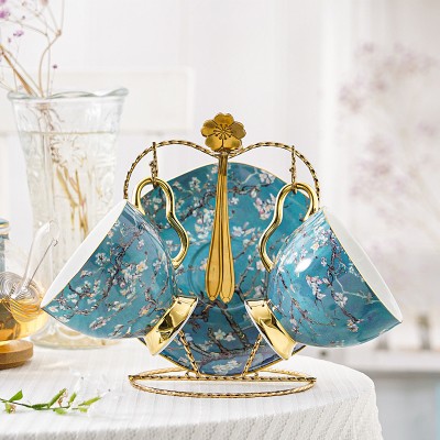 Elegant Bone China Tea Set with Glass Teapot and Ceramic Infuser, Candle Holder, Cups, and Saucers - 15 Pieces