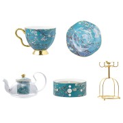Elegant Bone China Tea Set with Glass Teapot and Ceramic Infuser, Candle Holder, Cups, and Saucers - 15 Pieces