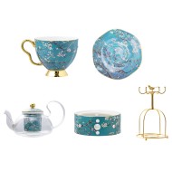 Elegant Bone China Tea Set with Glass Teapot and Ceramic Infuser, Candle Holder, Cups, and Saucers - 15 Pieces