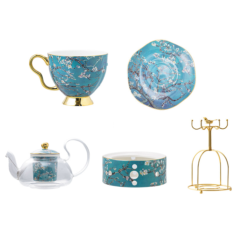Elegant Bone China Tea Set with Glass Teapot and Ceramic Infuser, Candle Holder, Cups, and Saucers - 15 Pieces