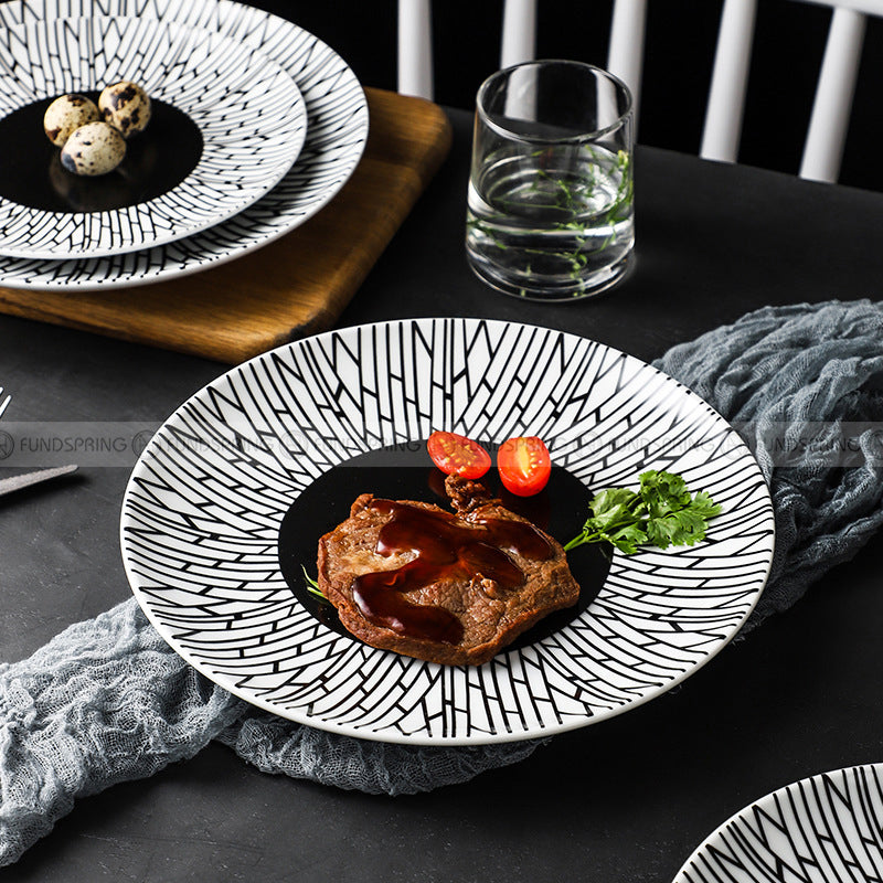 Minimalist Elegance: Ceramic Black Line Pasta & Steak Plate Set of 2 (8" and 10") Minimalist Elegance: Ceramic Black Line Pasta & Steak Plate Set of 2 (8" and 10")