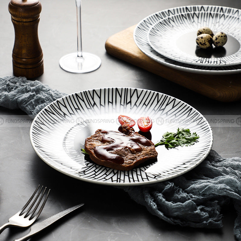 Minimalist Elegance: Ceramic Black Line Pasta & Steak Plate Set of 2 (8" and 10") Minimalist Elegance: Ceramic Black Line Pasta & Steak Plate Set of 2 (8" and 10")