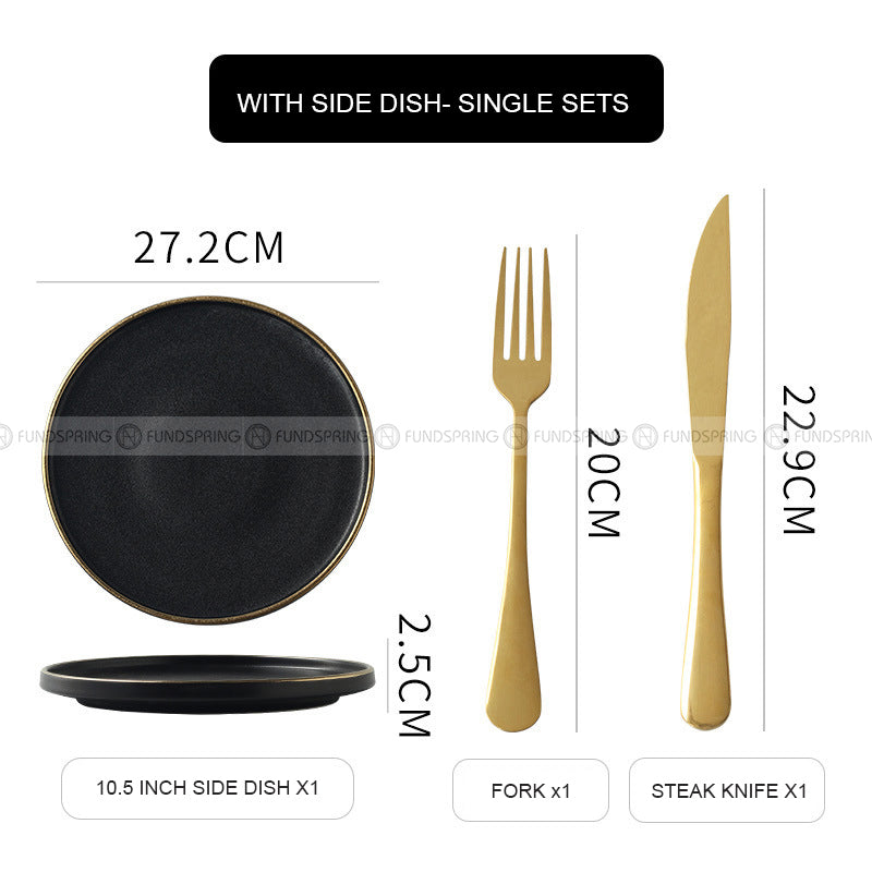 Ceramic Round Plate With Golden Edge Frosted Black Plates Flat Plates Ceramic Round Plate With Golden Edge Frosted Black Plates Flat Plates