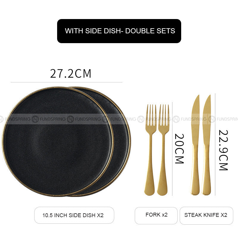 Ceramic Round Plate With Golden Edge Frosted Black Plates Flat Plates Ceramic Round Plate With Golden Edge Frosted Black Plates Flat Plates