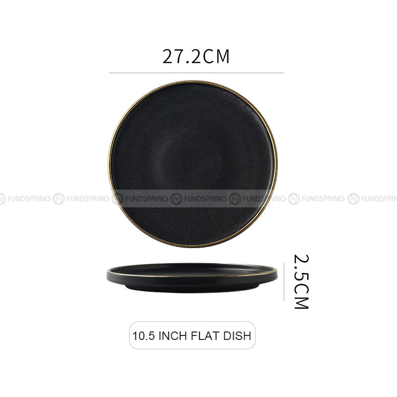 Ceramic Round Plate With Golden Edge Frosted Black Plates Flat Plates Ceramic Round Plate With Golden Edge Frosted Black Plates Flat Plates