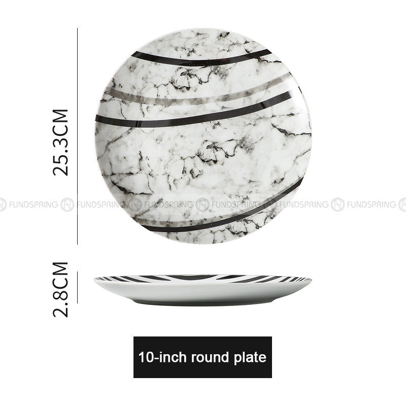 European Elegance Ceramic Dinner Plates - Marble-Inspired, Black and White Striped Set (8" and 10") European Elegance Ceramic Dinner Plates - Marble-Inspired, Black and White Striped Set (8" and 10")