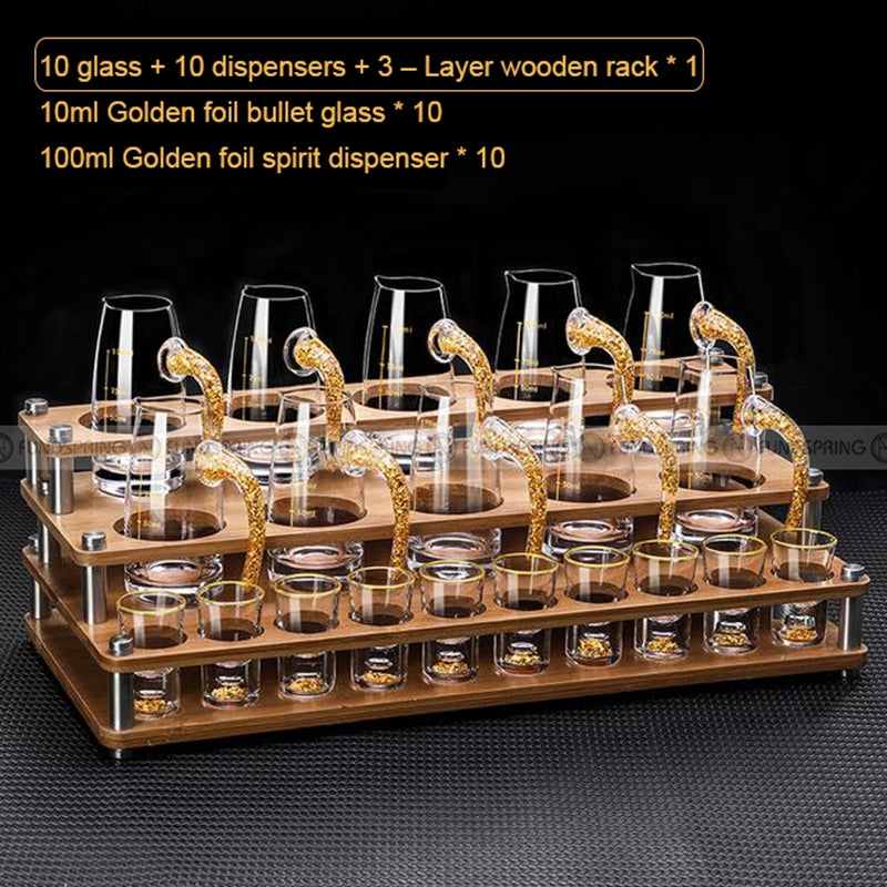 Golden Elegance: Baijiu Glass Spirit Cups Ensemble with Dispenser and Rack Golden Elegance: Baijiu Glass Spirit Cups Ensemble with Dispenser and Rack