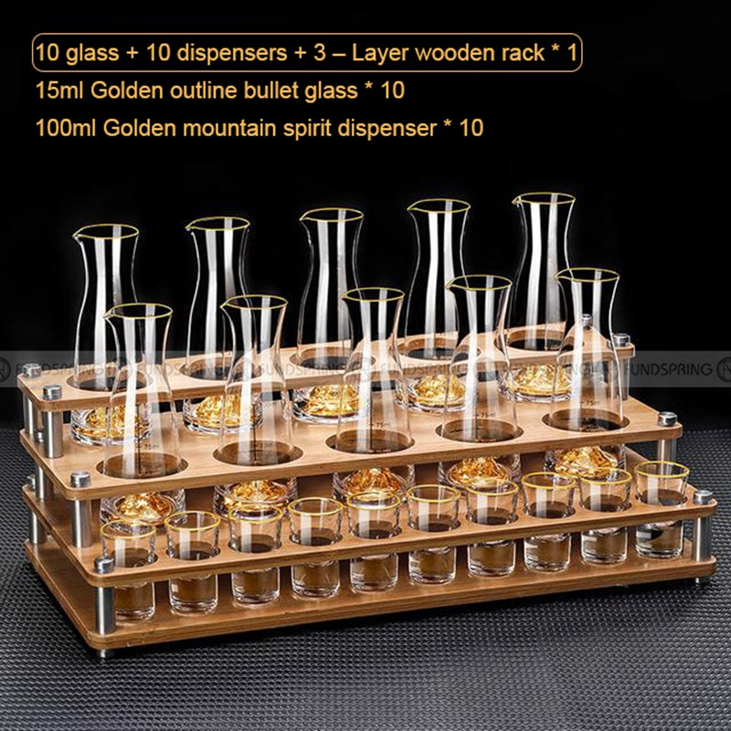 Golden Elegance: Baijiu Glass Spirit Cups Ensemble with Dispenser and Rack Golden Elegance: Baijiu Glass Spirit Cups Ensemble with Dispenser and Rack