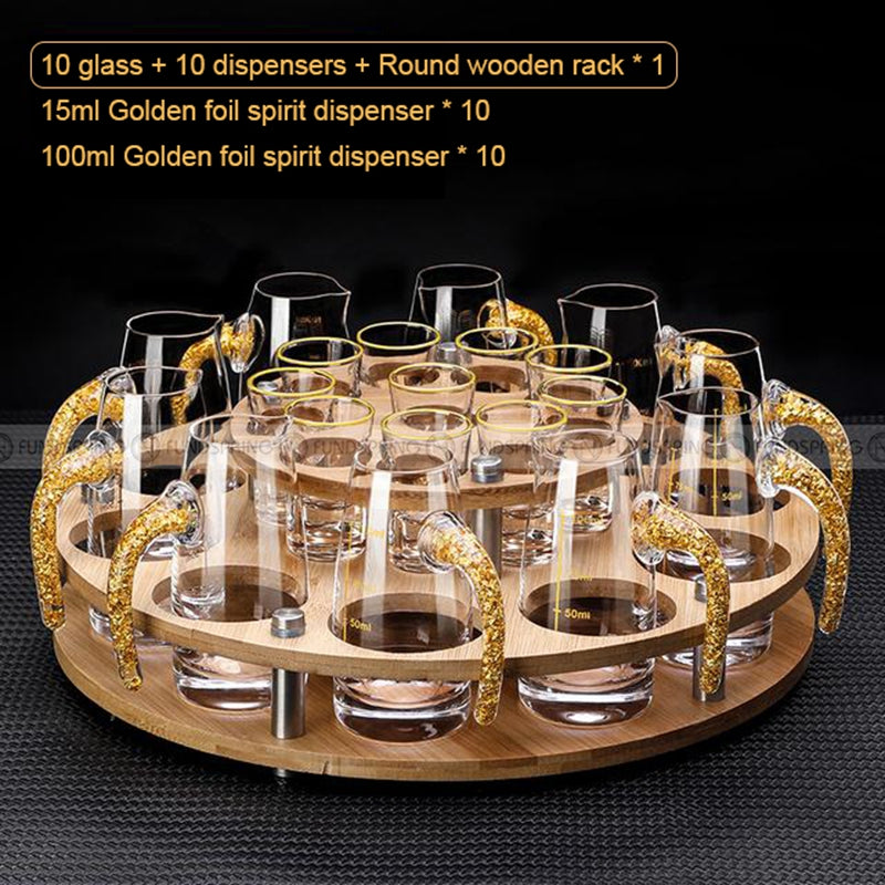 Golden Elegance: Baijiu Glass Spirit Cups Ensemble with Dispenser and Rack Golden Elegance: Baijiu Glass Spirit Cups Ensemble with Dispenser and Rack