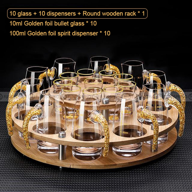 Golden Elegance: Baijiu Glass Spirit Cups Ensemble with Dispenser and Rack Golden Elegance: Baijiu Glass Spirit Cups Ensemble with Dispenser and Rack
