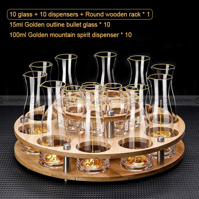 Golden Elegance: Baijiu Glass Spirit Cups Ensemble with Dispenser and Rack Golden Elegance: Baijiu Glass Spirit Cups Ensemble with Dispenser and Rack