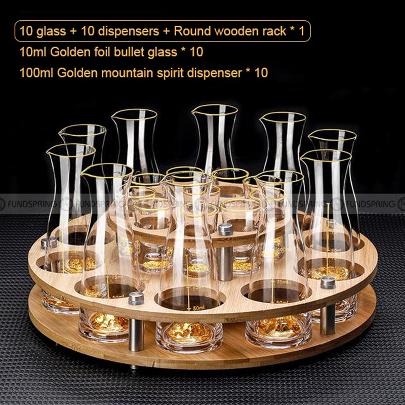Golden Elegance: Baijiu Glass Spirit Cups Ensemble with Dispenser and Rack Golden Elegance: Baijiu Glass Spirit Cups Ensemble with Dispenser and Rack