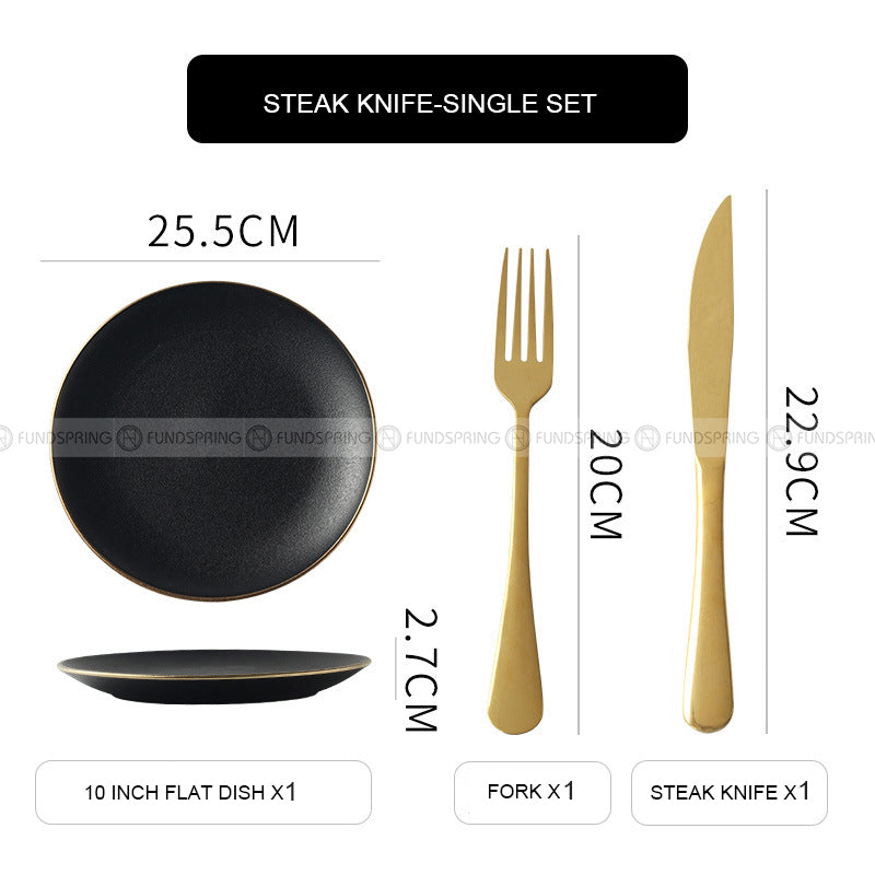 Ceramic Round Plate With Golden Edge Frosted Black Plates Flat Plates Ceramic Round Plate With Golden Edge Frosted Black Plates Flat Plates