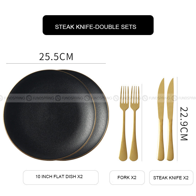 Ceramic Round Plate With Golden Edge Frosted Black Plates Flat Plates Ceramic Round Plate With Golden Edge Frosted Black Plates Flat Plates