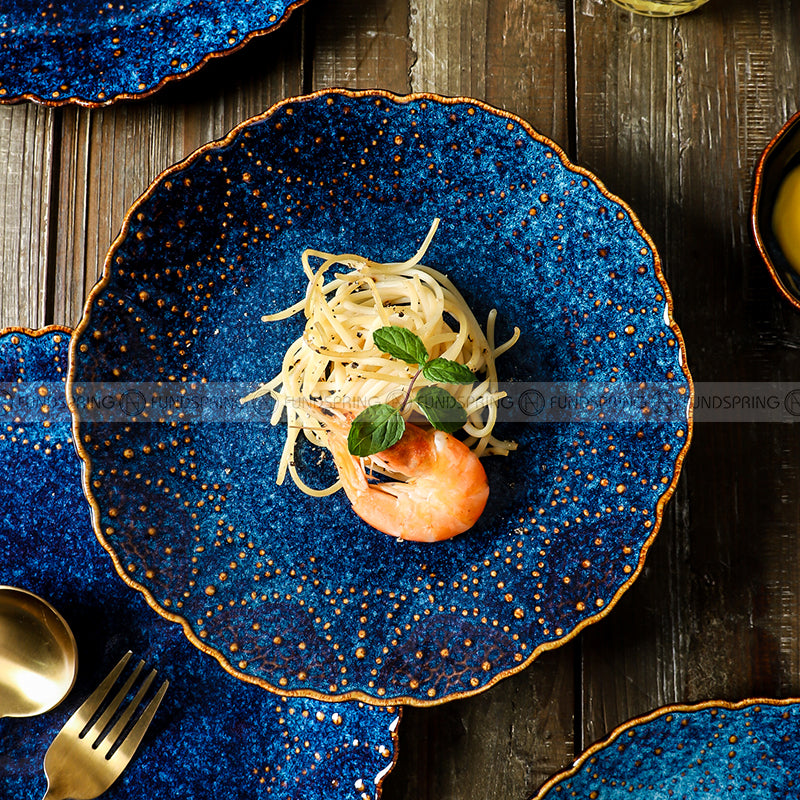 Ceramic Dinner Plate Creative Blue Steak Plate Petal Edge Plate 8" and 10" Set of 2 Ceramic Dinner Plate Creative Blue Steak Plate Petal Edge Plate 8" and 10" Set of 2