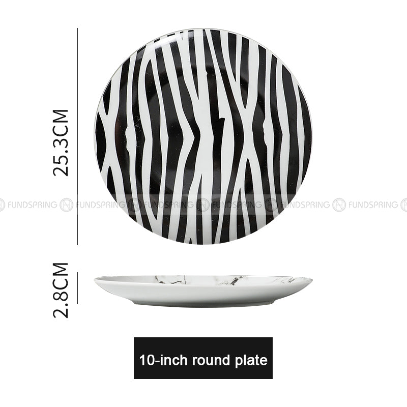 European Elegance Ceramic Dinner Plates - Marble-Inspired, Black and White Striped Set (8" and 10") European Elegance Ceramic Dinner Plates - Marble-Inspired, Black and White Striped Set (8" and 10")