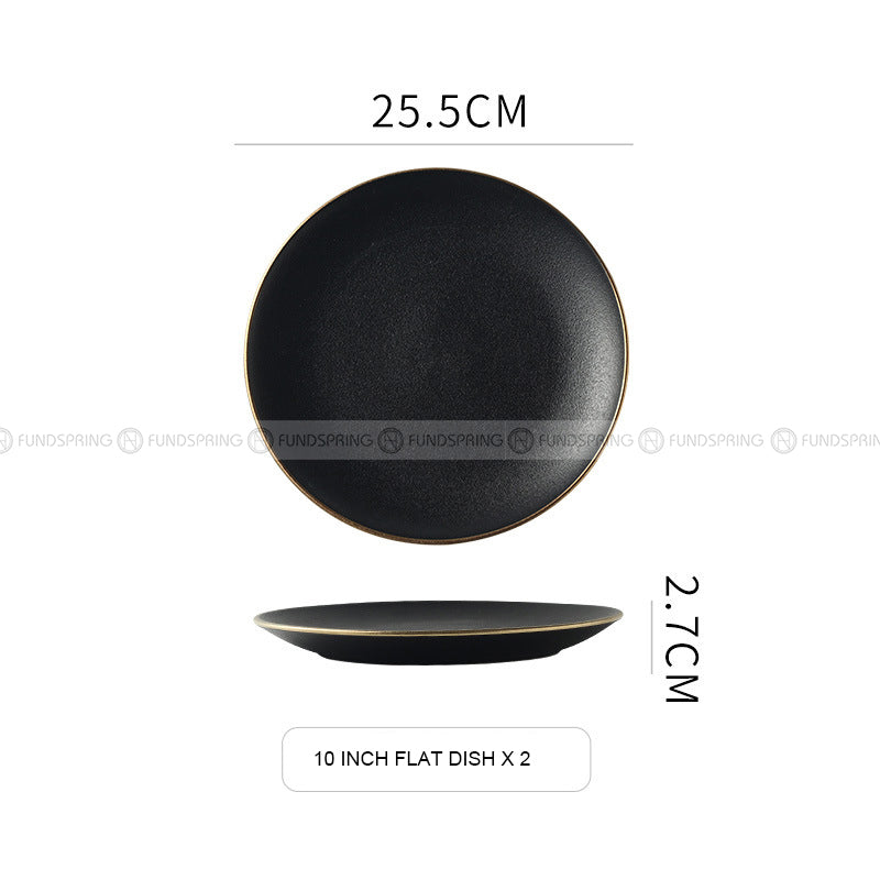Ceramic Round Plate With Golden Edge Frosted Black Plates Flat Plates Ceramic Round Plate With Golden Edge Frosted Black Plates Flat Plates