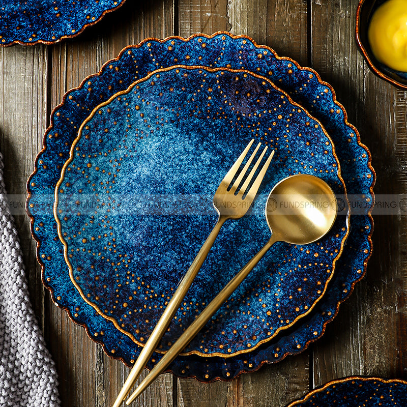 Ceramic Dinner Plate Creative Blue Steak Plate Petal Edge Plate 8" and 10" Set of 2 Ceramic Dinner Plate Creative Blue Steak Plate Petal Edge Plate 8" and 10" Set of 2