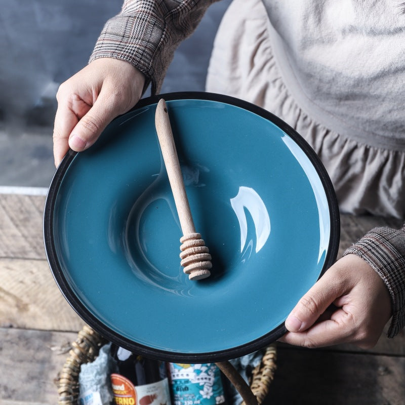 Blue Glazed Straw Hat Plate Ceramic Peacock Blue Shallow Soup Plate Blue Glazed Straw Hat Plate Ceramic Peacock Blue Shallow Soup Plate