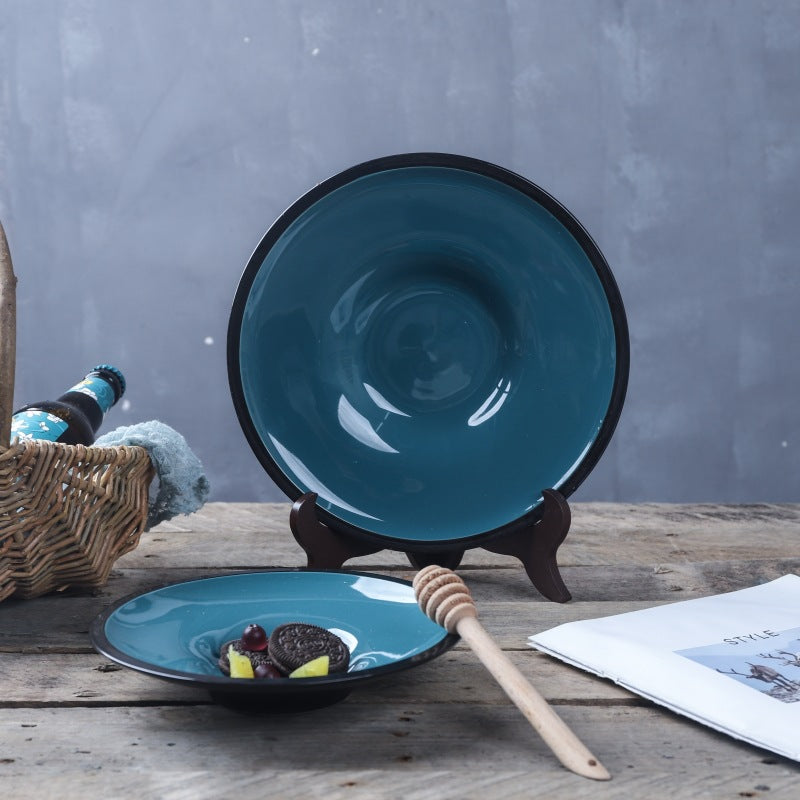 Blue Glazed Straw Hat Plate Ceramic Peacock Blue Shallow Soup Plate