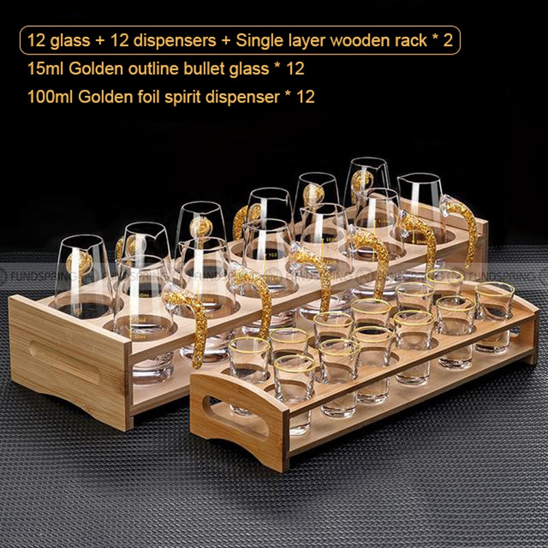 Golden Elegance: Baijiu Glass Spirit Cups Ensemble with Dispenser and Rack Golden Elegance: Baijiu Glass Spirit Cups Ensemble with Dispenser and Rack