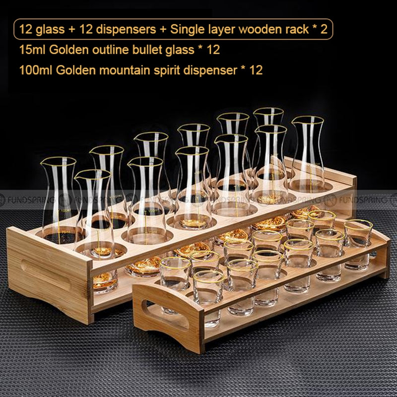 Golden Elegance: Baijiu Glass Spirit Cups Ensemble with Dispenser and Rack Golden Elegance: Baijiu Glass Spirit Cups Ensemble with Dispenser and Rack