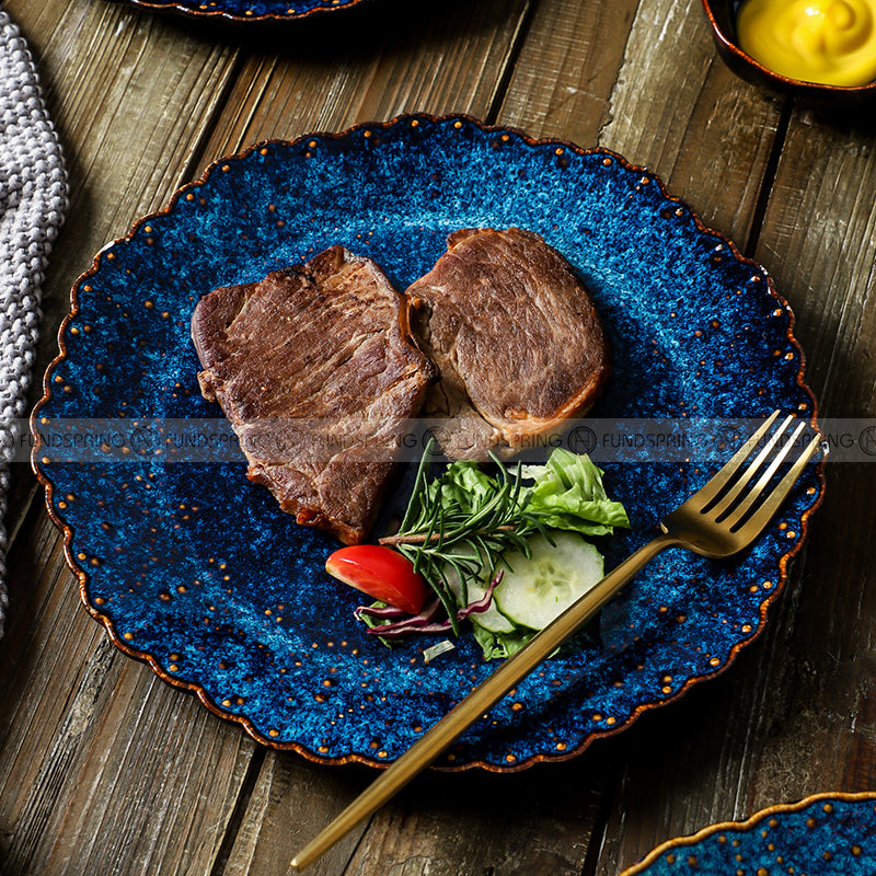 Ceramic Dinner Plate Creative Blue Steak Plate Petal Edge Plate 8" and 10" Set of 2 Ceramic Dinner Plate Creative Blue Steak Plate Petal Edge Plate 8" and 10" Set of 2