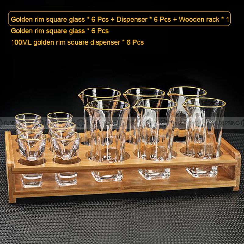 Crystal Glass Wine Dispenser Set Chinese Baijiu Cups with Scale and Wooden Rack Crystal Glass Wine Dispenser Set Chinese Baijiu Cups with Scale and Wooden Rack