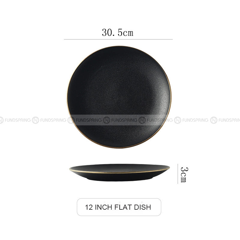 Ceramic Round Plate With Golden Edge Frosted Black Plates Flat Plates Ceramic Round Plate With Golden Edge Frosted Black Plates Flat Plates