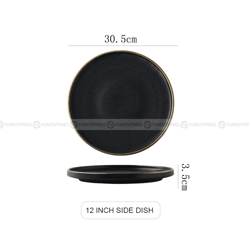 Ceramic Round Plate With Golden Edge Frosted Black Plates Flat Plates Ceramic Round Plate With Golden Edge Frosted Black Plates Flat Plates