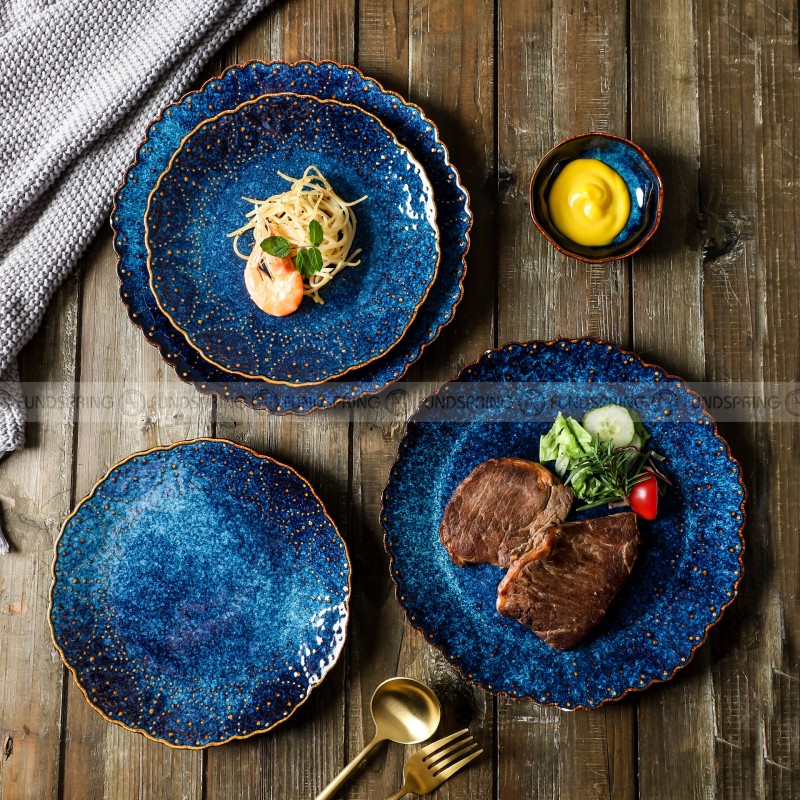 Ceramic Dinner Plate Creative Blue Steak Plate Petal Edge Plate 8" and 10" Set of 2 Ceramic Dinner Plate Creative Blue Steak Plate Petal Edge Plate 8" and 10" Set of 2