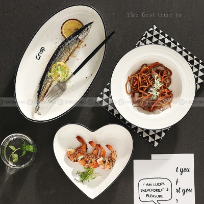 White Ceramic Tableware Irregular Shape Dinnerware Black Rim Plate White Ceramic Tableware Irregular Shape Dinnerware Black Rim Plate