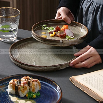 Japanese Vintage Dinnerware Ceramic Kiln Change Flat Dinning Plate Japanese Vintage Dinnerware Ceramic Kiln Change Flat Dinning Plate