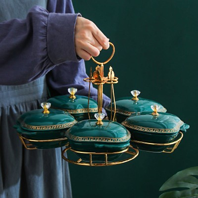 Rotatable Ceramic Candy Box with Cover for Fruit, Melon Seeds, and Snacks Compartment Storage Rotatable Ceramic Candy Box with Cover for Fruit, Melon Seeds, and Snacks Compartment Storage