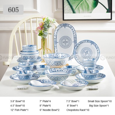 Japanese Ceramic Dinner Set Blue and White Dinnerware Set 46-Piece Japanese Ceramic Dinner Set Blue and White Dinnerware Set 46-Piece