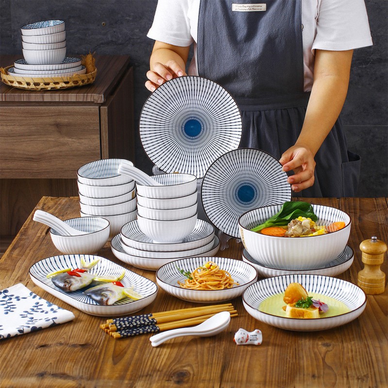 Harmony in Design: 40-Piece Vertical Pattern Underglaze Ceramic Dinnerware Set Harmony in Design: 40-Piece Vertical Pattern Underglaze Ceramic Dinnerware Set